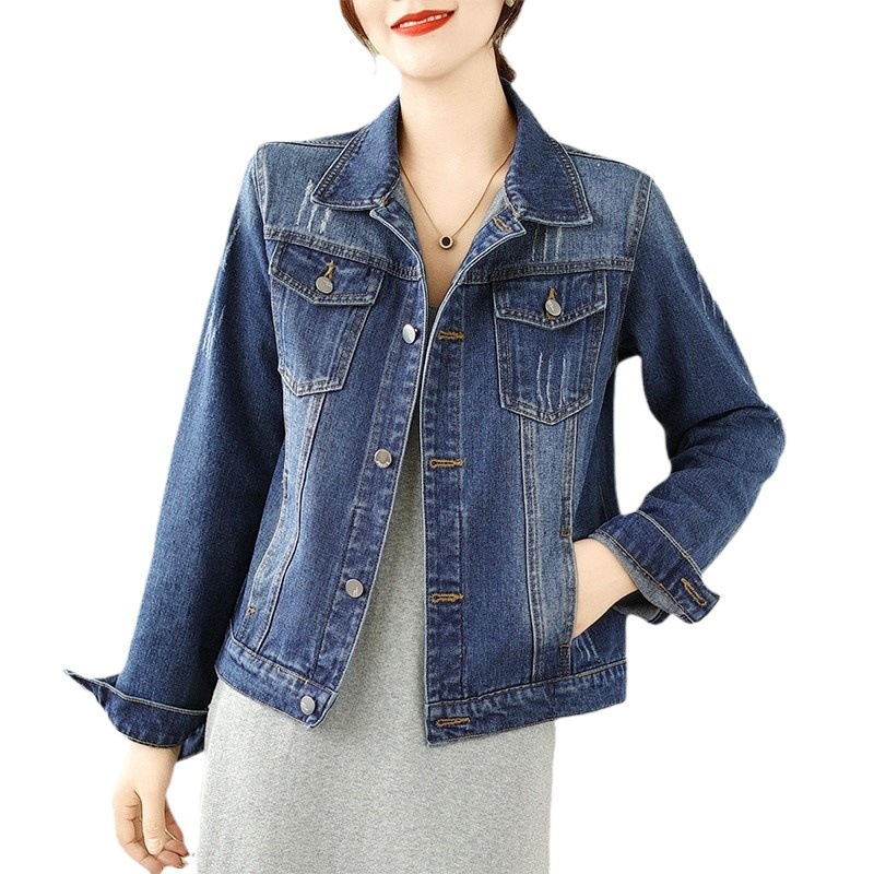 デニムジャケット ベーシック金属ボタン付き襟付きデニムジャケット