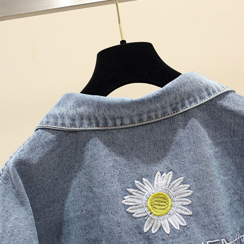 デニムジャケットレディース 花刺繍入りゆったりシルエットデニムジャケット