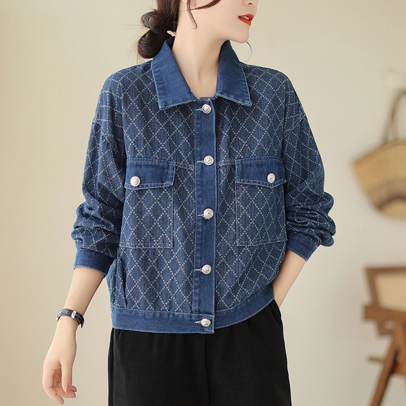 デニムジャケット 菱形キルティング柄刺繍入りデニムジャケット