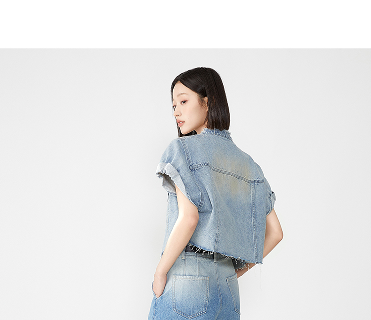 デニムジャケット こなれノーカラー半袖デニムジャケット