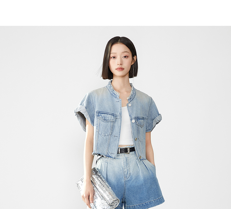 デニムジャケット こなれノーカラー半袖デニムジャケット