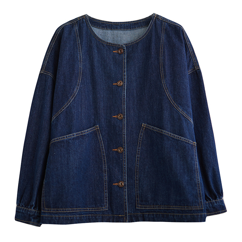 デニムジャケット 丸襟ノーカラーゆったりシルエットデニムジャケット