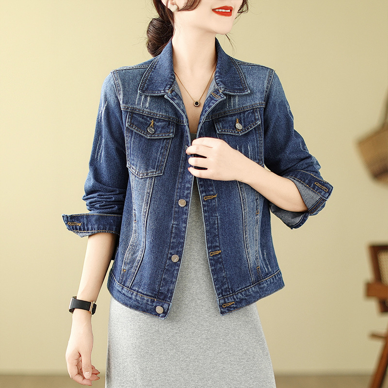 デニムジャケット ベーシック金属ボタン付き襟付きデニムジャケット