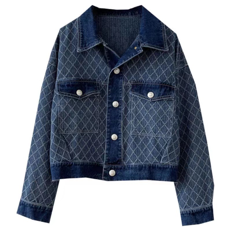 デニムジャケット 菱形キルティング柄刺繍入りデニムジャケット