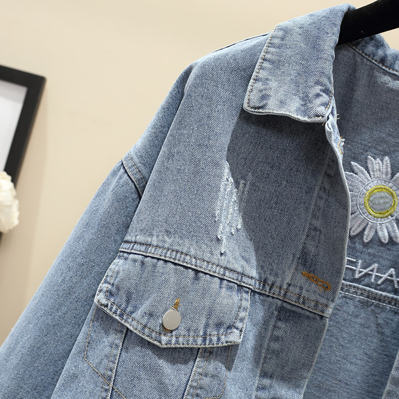 デニムジャケットレディース 花刺繍入りゆったりシルエットデニムジャケット