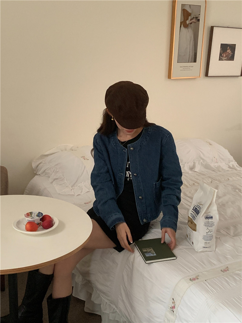 春夏カジュアル レトロ風 丸首デニムジャケット