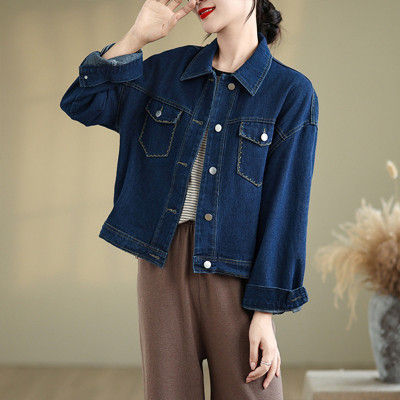 デニムジャケット ゆったりシルエット胸ポケット付きデニムジャケット