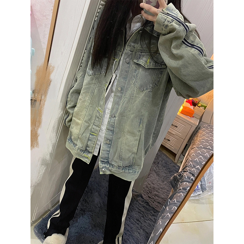 デニムジャケット ゆったりシルエット袖ジッパーデニム