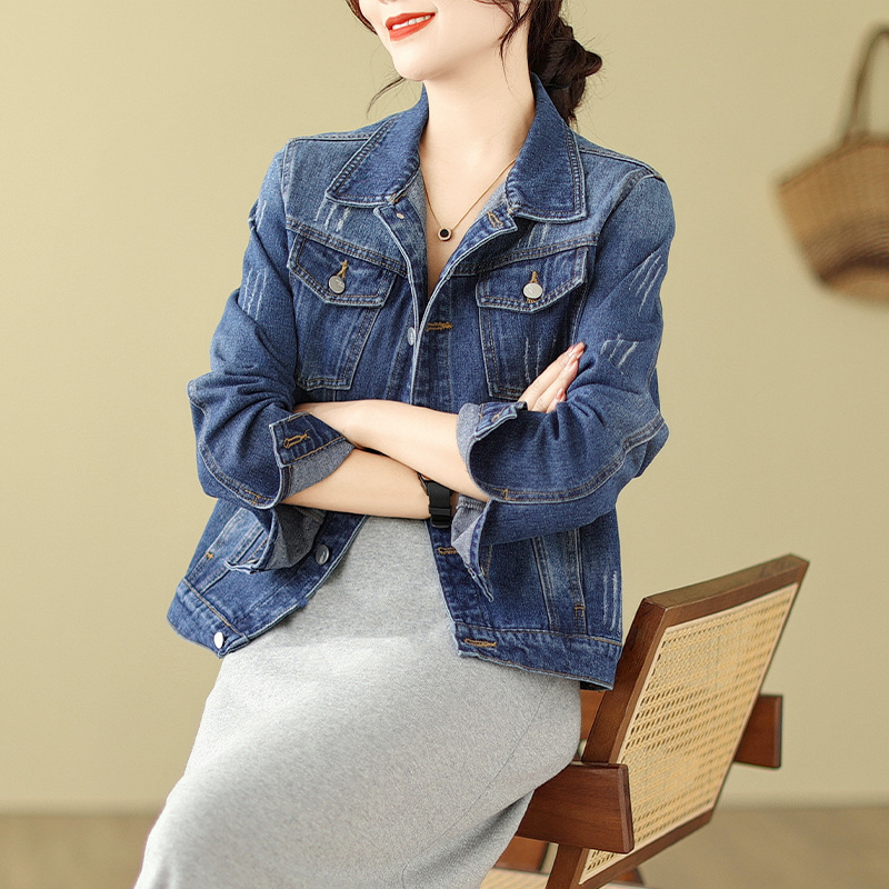デニムジャケット ベーシック金属ボタン付き襟付きデニムジャケット