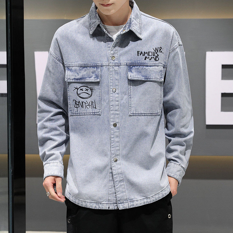 デニムジャケットメンズ バックプリント刺繍入り落書き風シャツ型デニムジャケット