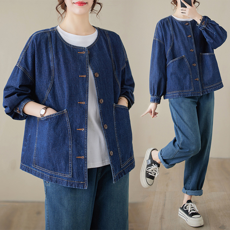 デニムジャケット 丸襟ノーカラーゆったりシルエットデニムジャケット