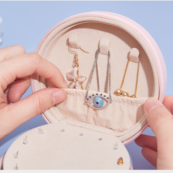 レザー製丸型ジュエリーボックス 多段収納 携帯用