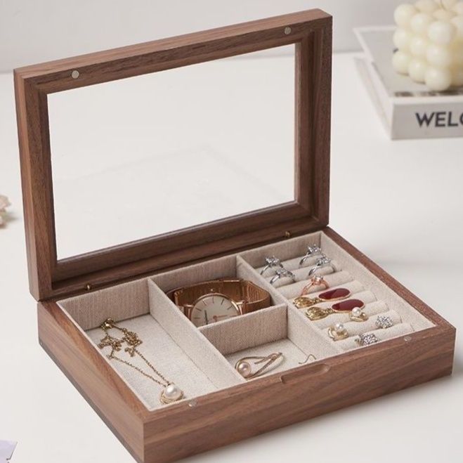 ジュエリーボックス 木製透明窓付き仕切り型ジュエリーボックス
