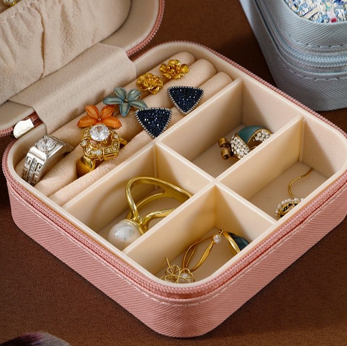 ジュエリーボックス ツイード布生地のコンパクト携帯型ジュエリーボックス