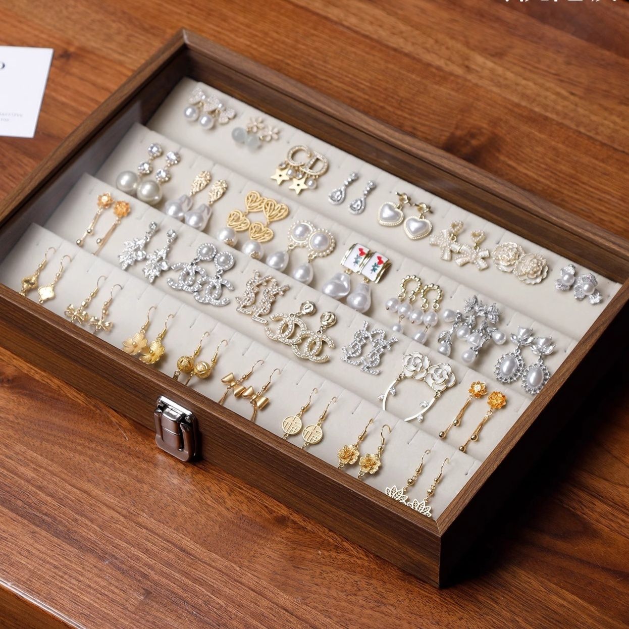 ジュエリーボックス 透明蓋付き木製イヤリング収納ボックス