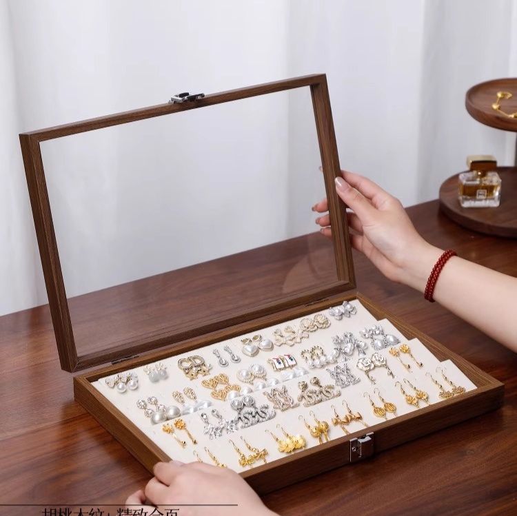 ジュエリーボックス 透明蓋付き木製イヤリング収納ボックス