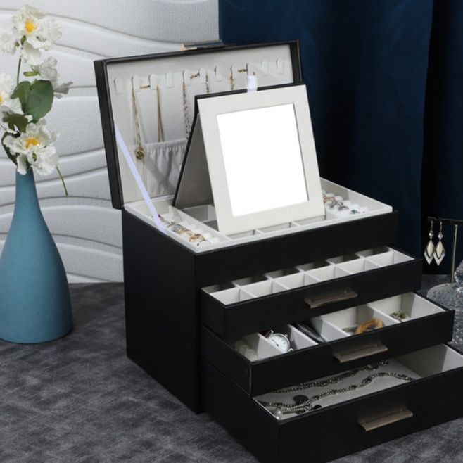 ジュエリーボックス 三段引き出し鏡付き多機能収納木製宝石箱