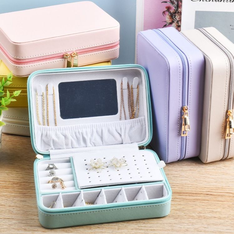 ジュエリーボックス 二段式ファスナー付き携帯用宝石収納ケース　レザー