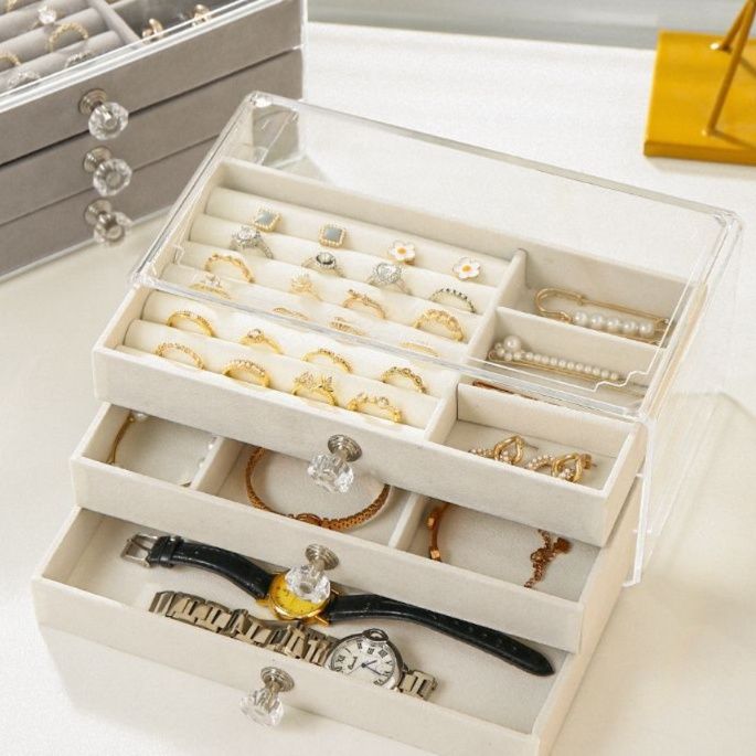 透明蓋付き３段引き出し式アクリル製ジュエリーボックス 