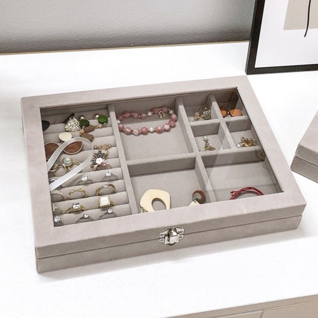 透明蓋付き仕切り布製ジュエリーボックス