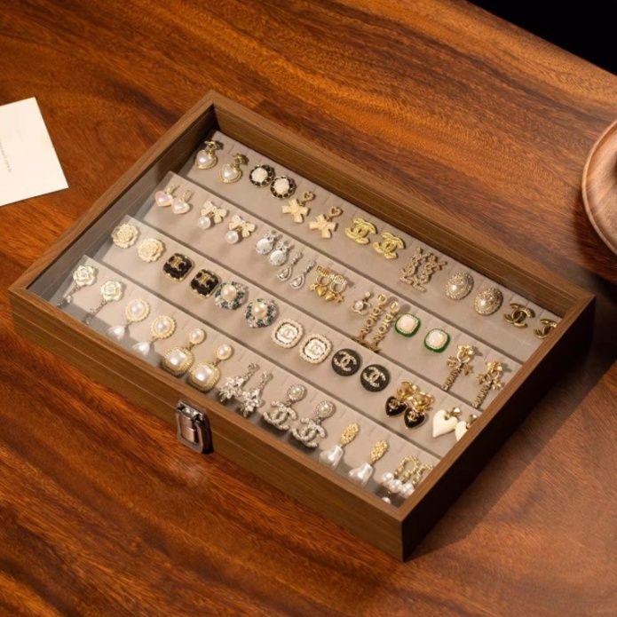 透明蓋付きイヤリング収納木製ジュエリーボックス 