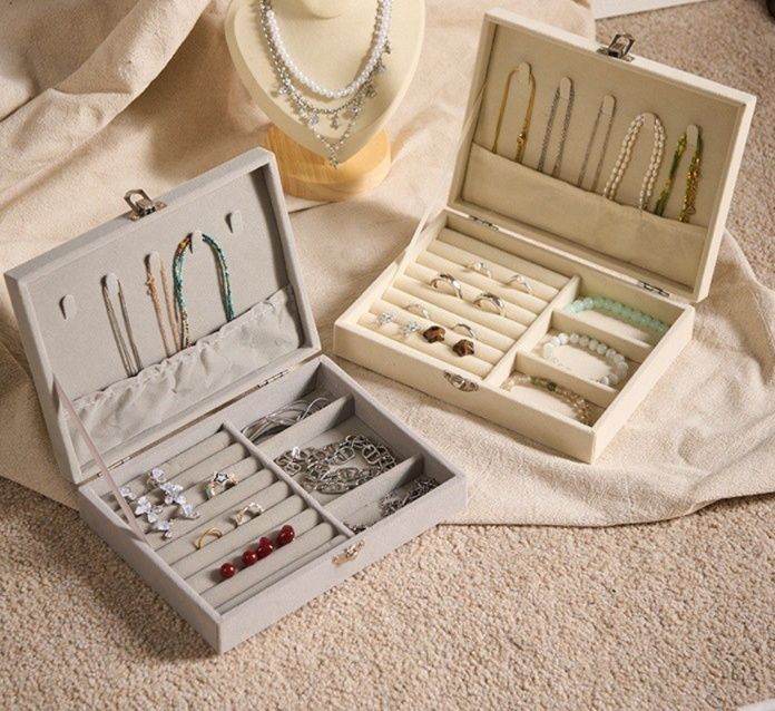 ふた付き二段式 布製アクセサリー収納ジュエリーボックス