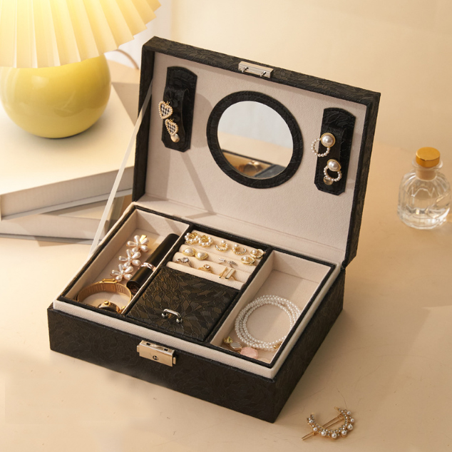 レザー製ジュエリーボックス 鍵付き 大容量 二段式 鏡付き