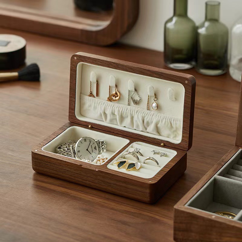 ジュエリーボックス 天然木製二段式角丸仕上げ装飾品収納箱