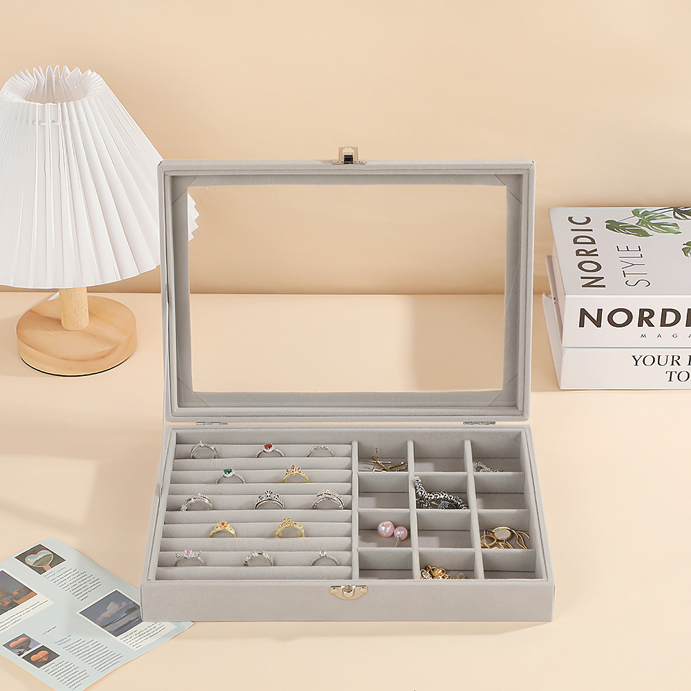 ジュエリーボックス 透明窓付き仕切り豊富な布製アクセサリー収納ケース