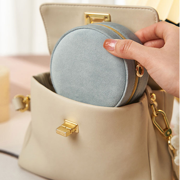 レザー 丸型 コンパクト ジュエリーボックス アクセサリーケース