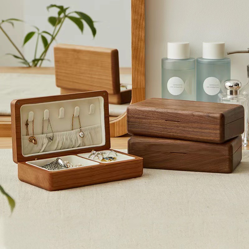 ジュエリーボックス 天然木製二段式角丸仕上げ装飾品収納箱