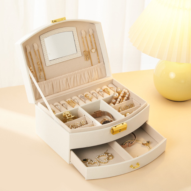 レザー製ジュエリーボックス 鍵付き大容量多層引き出し鏡付き宝石箱