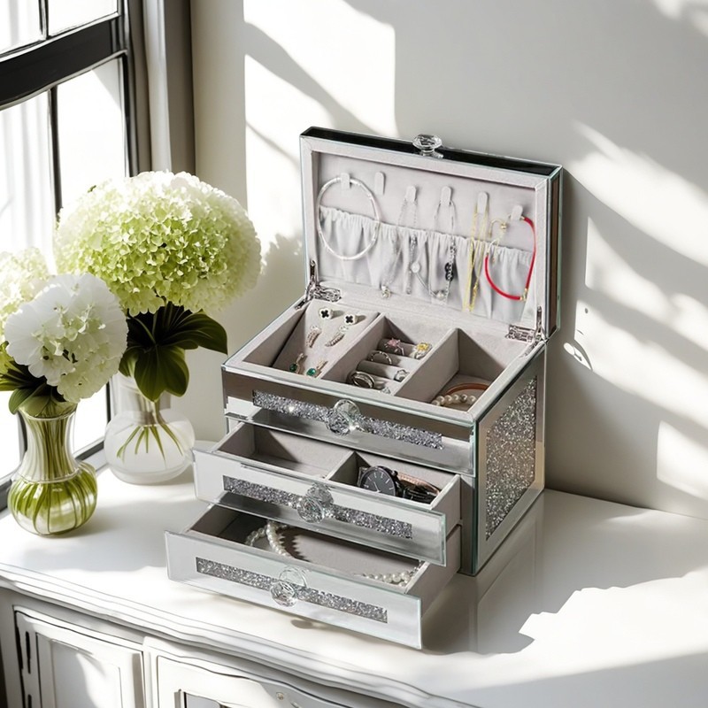 ジュエリーボックス 三段引き出し式鏡付き宝石箱