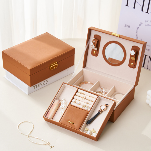 レザー製ジュエリーボックス 鍵付き 大容量 二段式 鏡付き