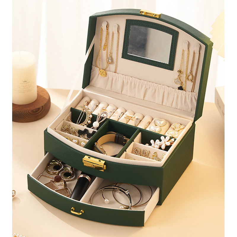 レザー製ジュエリーボックス 鍵付き大容量多層引き出し鏡付き宝石箱