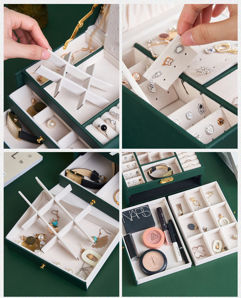 レザー製ジュエリーボックス 鏡付き大容量鍵付きアクセサリー収納ケース