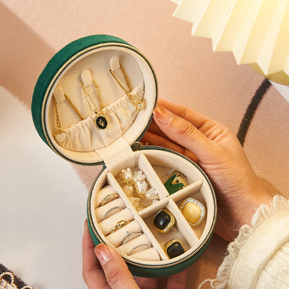 レザー 丸型 コンパクト ジュエリーボックス アクセサリーケース