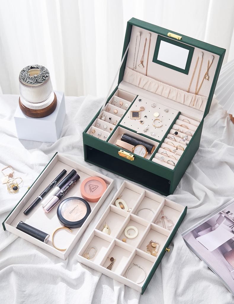 レザー製ジュエリーボックス 鏡付き大容量鍵付きアクセサリー収納ケース