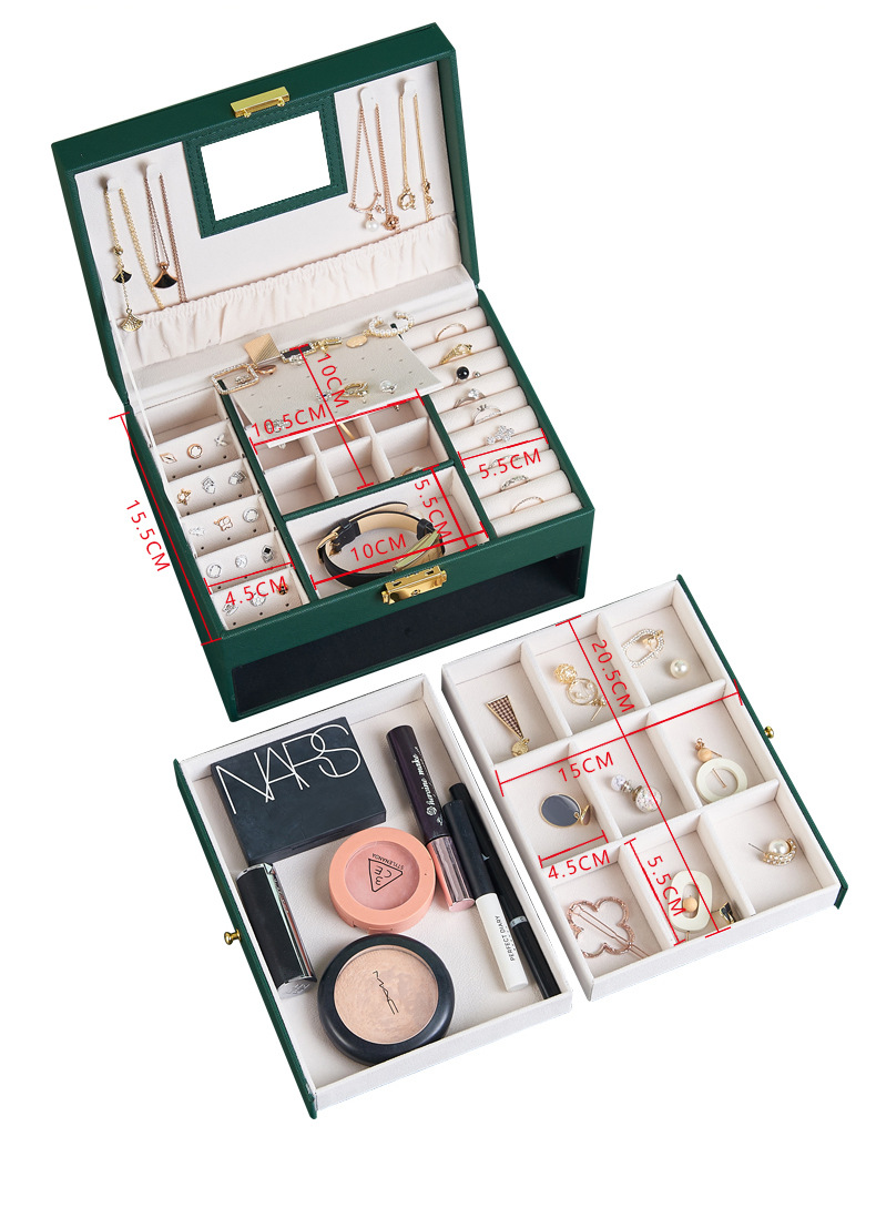 レザー製ジュエリーボックス 鏡付き大容量鍵付きアクセサリー収納ケース