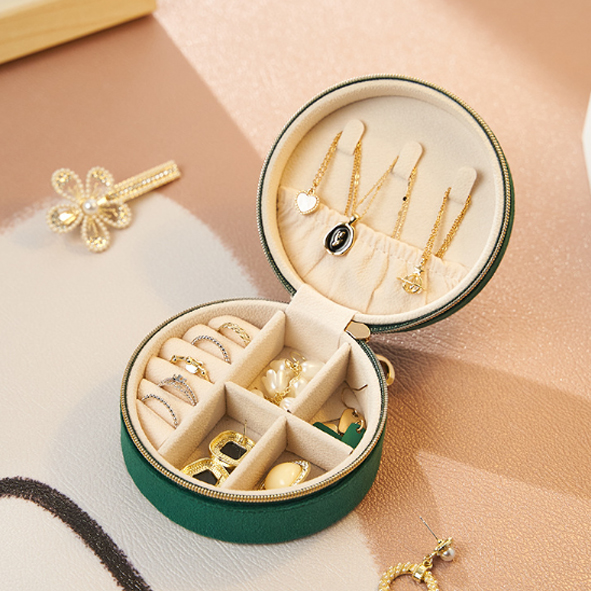 レザー 丸型 コンパクト ジュエリーボックス アクセサリーケース