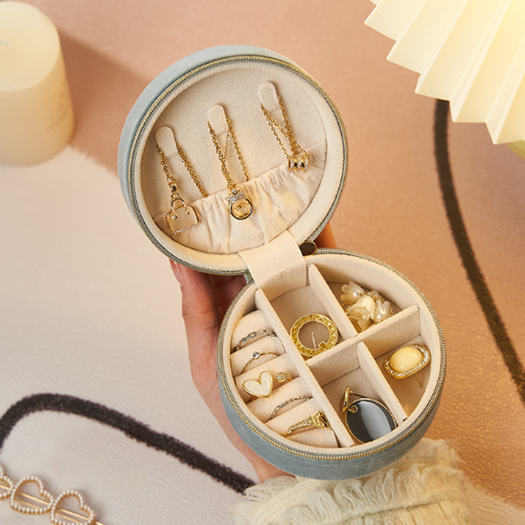 レザー 丸型 コンパクト ジュエリーボックス アクセサリーケース