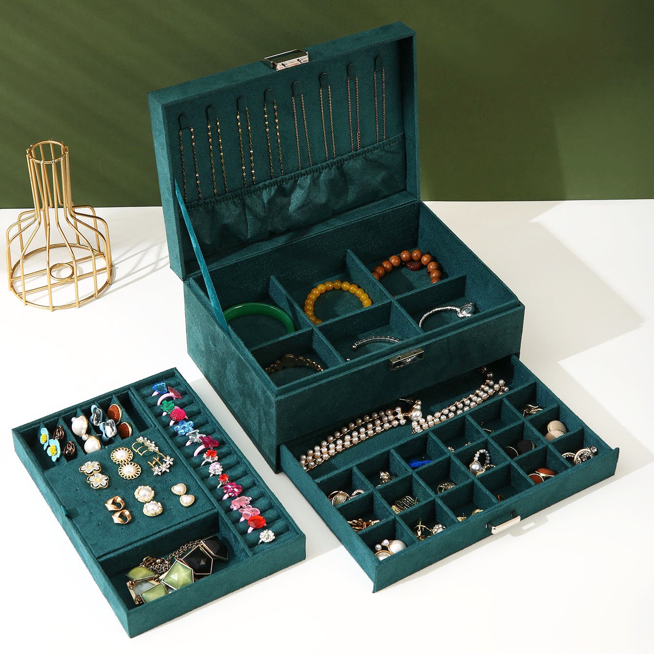 ジュエリーボックス 三段式ベルベット仕切り付き アンティーク