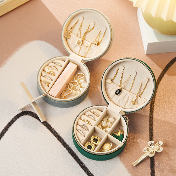 レザー 丸型 コンパクト ジュエリーボックス アクセサリーケース