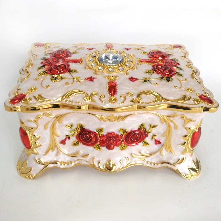 薔薇装飾宝石付き草花彫刻小物入れアンティーク調ジュエリーボックス 