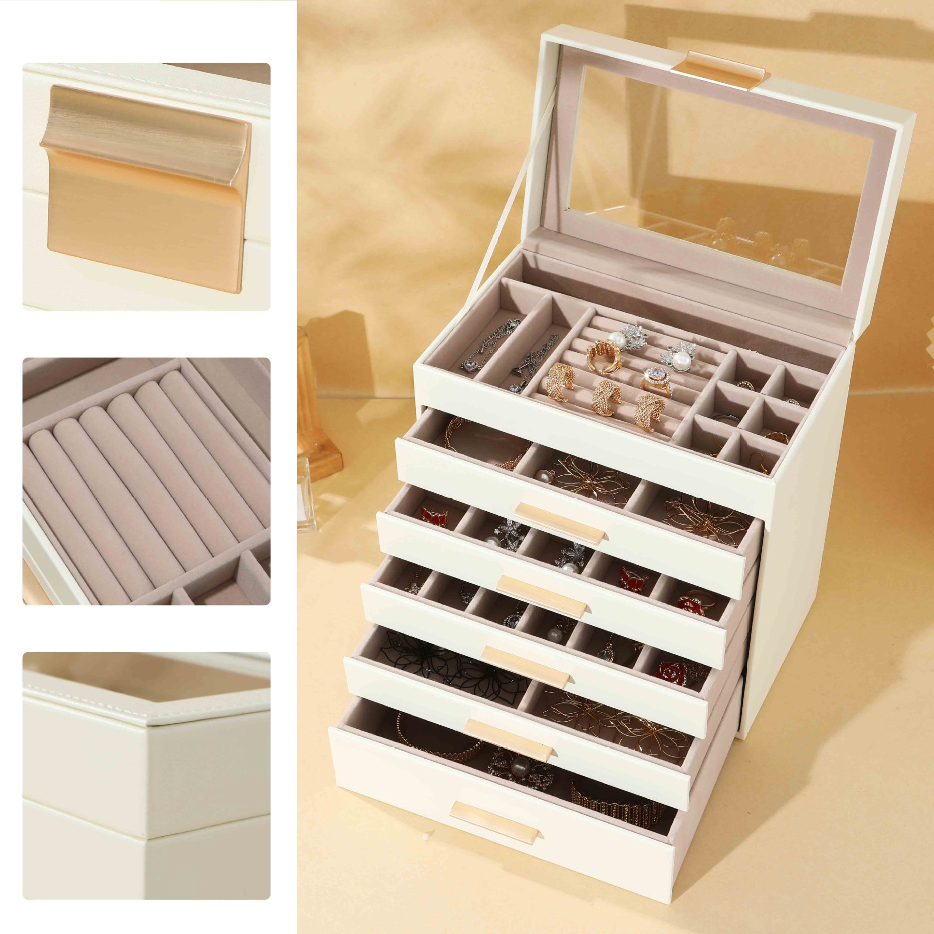 ジュエリーボックス アンティーク調六段引き出し式鏡付き大容量宝飾品収納箱