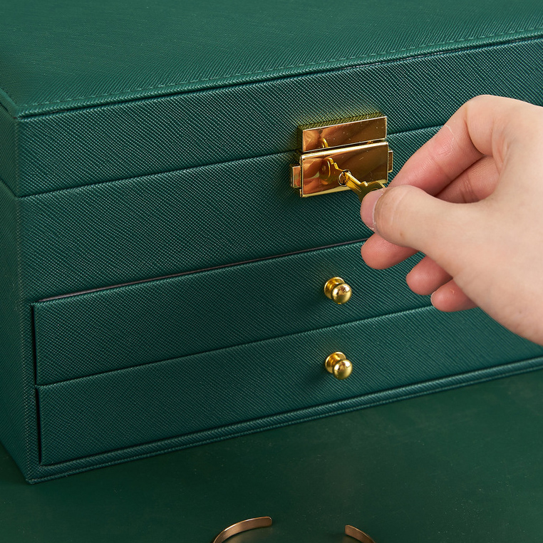 レザー製ジュエリーボックス 鏡付き大容量鍵付きアクセサリー収納ケース