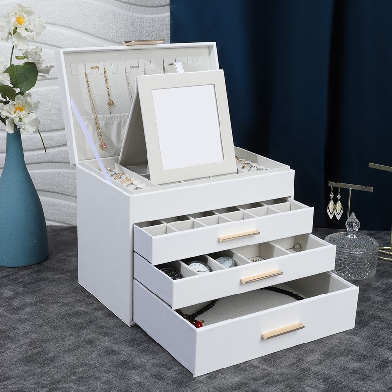 ジュエリーボックス 三段引き出し鏡付き多機能収納木製宝石箱