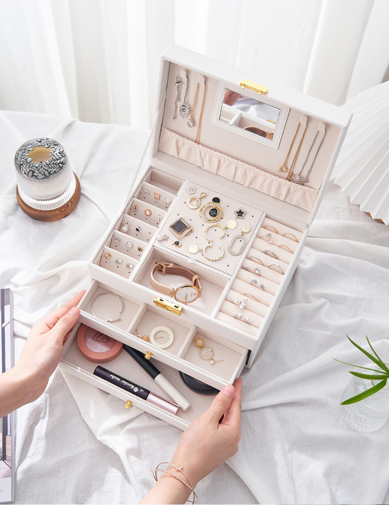 レザー製ジュエリーボックス 鏡付き大容量鍵付きアクセサリー収納ケース