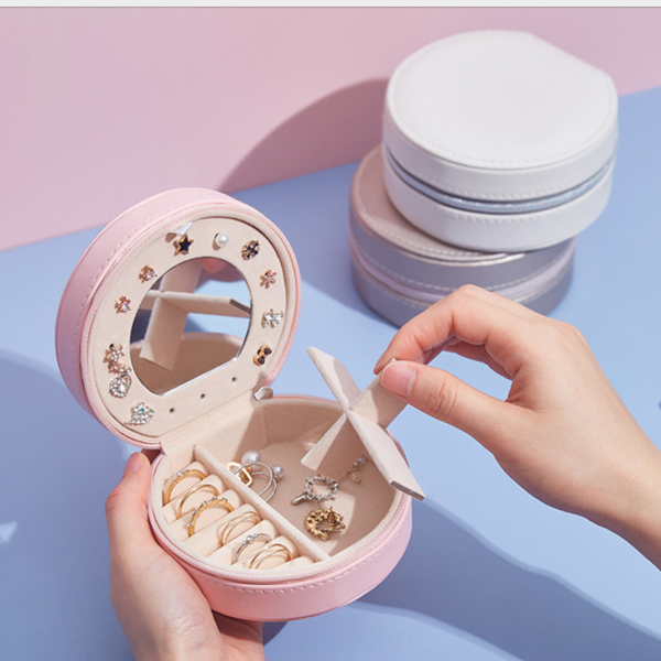 レザー製丸型ジュエリーボックス 多段収納 携帯用