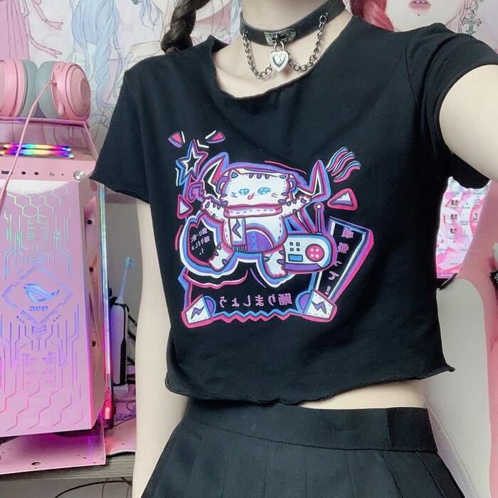 地雷系ファッション　メルヘンイラスト入りTシャツ